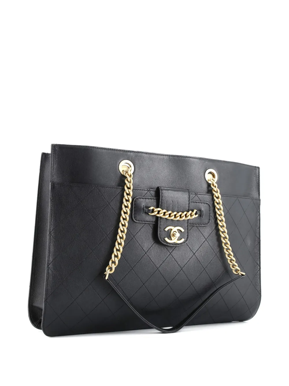 Pre-owned Chanel Cc Front Chain Pocket Stitched Leather Medium Tote Bag In Black