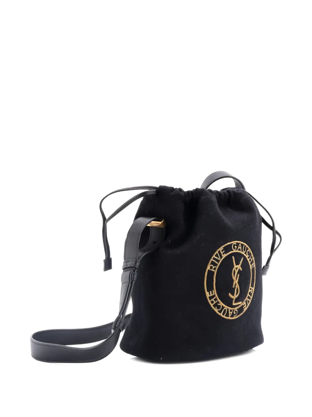 Pre-owned Saint Laurent Rive Gauche Drawstring Embroidered Wool Bucket Bag In Black