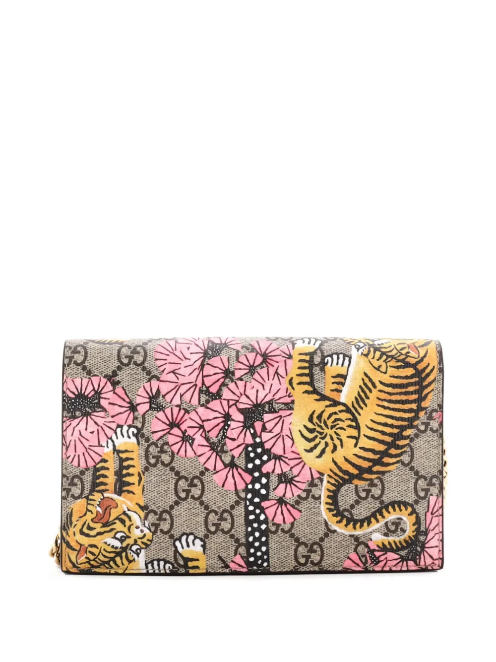 Pre-owned Gucci Chain Wallet Bengal Print Gg Coated Canvas Crossbody Bag In Brown