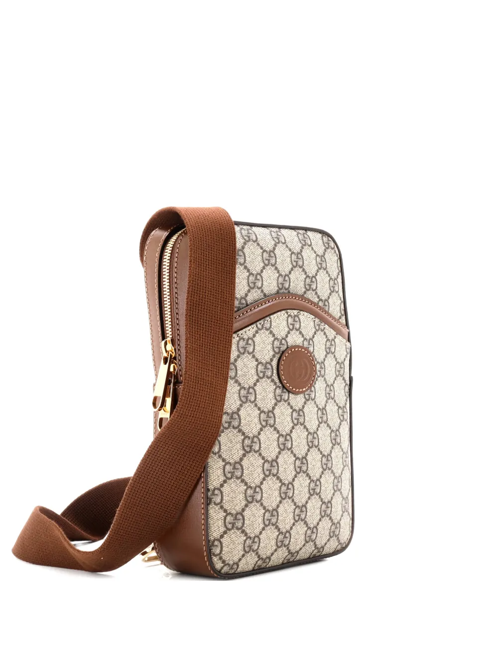Pre-owned Gucci Interlocking G Patch Sling Bag Gg Coated Canvas Small Crossbody Bag In Brown