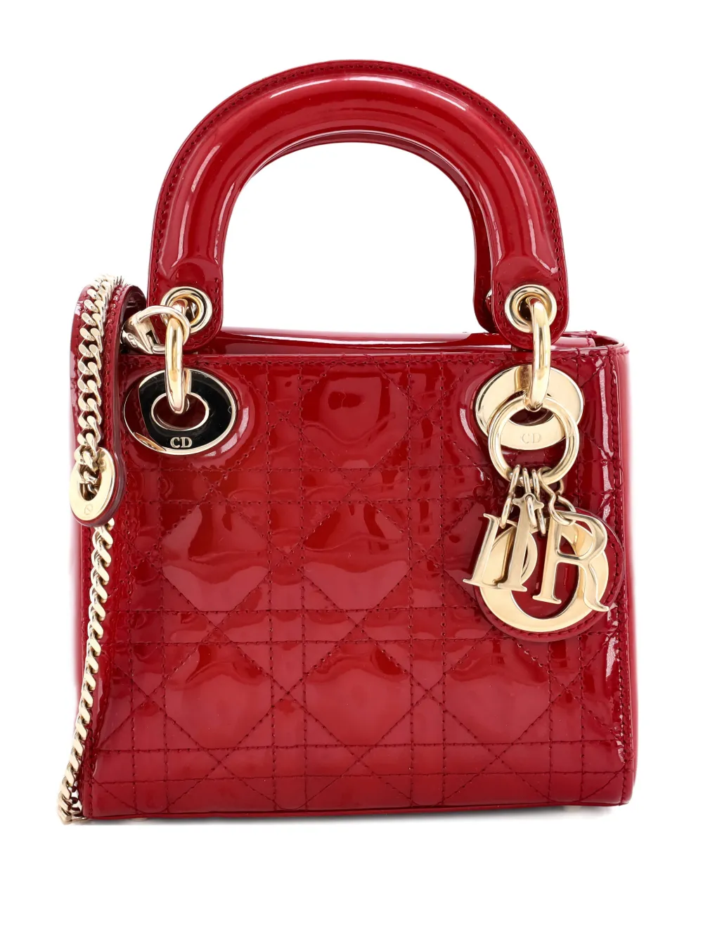 Pre-owned Dior Lady  Chain Bag Cannage Quilt Patent Mini Satchel In Red