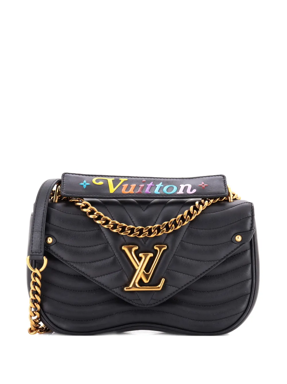 Pre-owned Louis Vuitton New Wave Chain Bag Quilted Leather Mm Crossbody Bag In Black