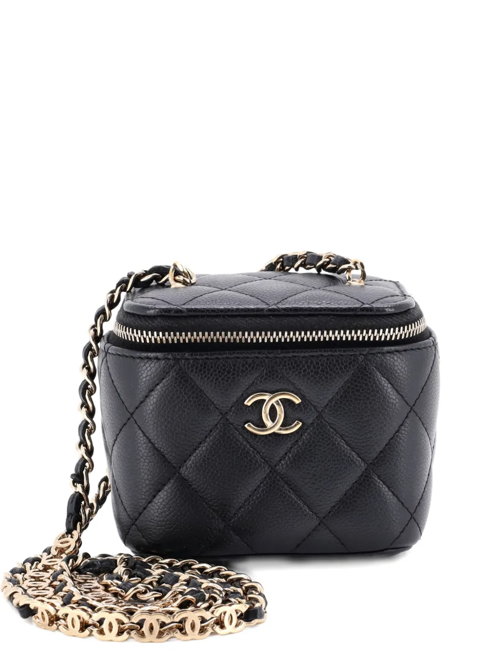Pre-owned Chanel Tiny Cc Link Vanity Case With Chain Quilted Caviar Mini Clutch Bag In Black