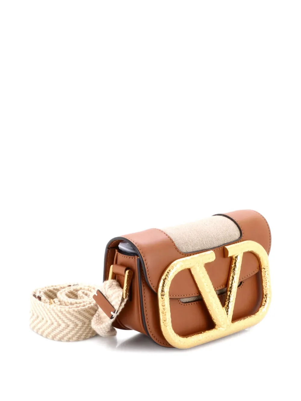 Pre-owned Valentino Garavani Supervee Linen With Leather Small Crossbody Bag In Brown