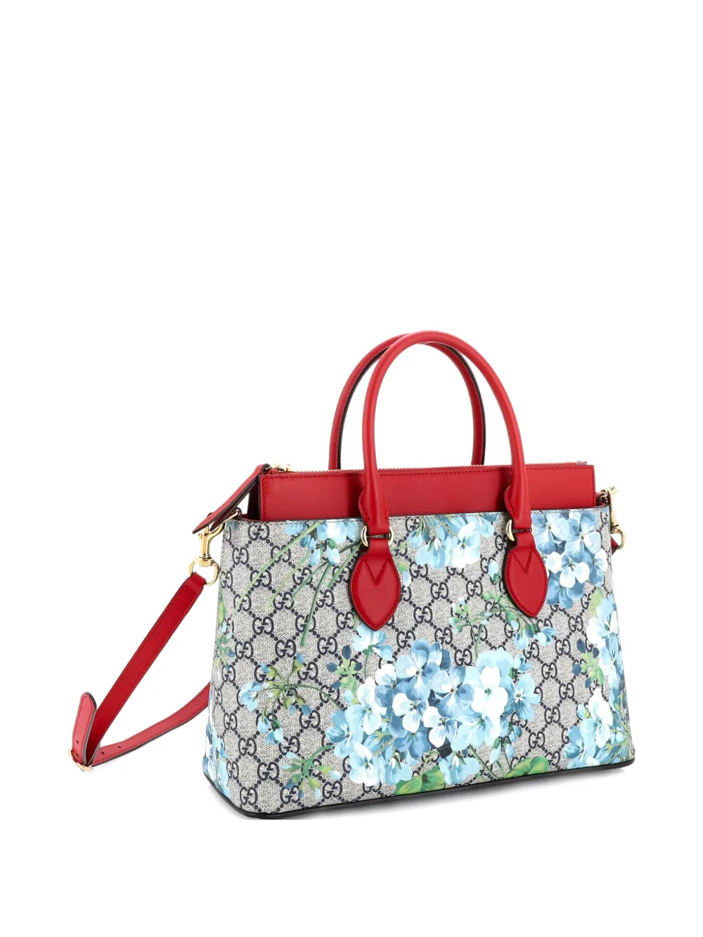Pre-owned Gucci Linea A Convertible Blooms Print Gg Coated Canvas Small Tote Bag In Blue