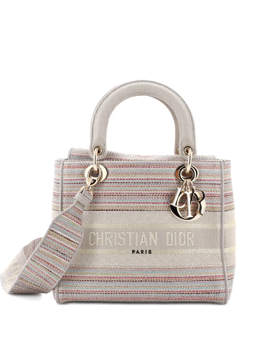 Pre-owned Dior Lady D-lite Bag Embroidered Canvas Medium Satchel In Neutral