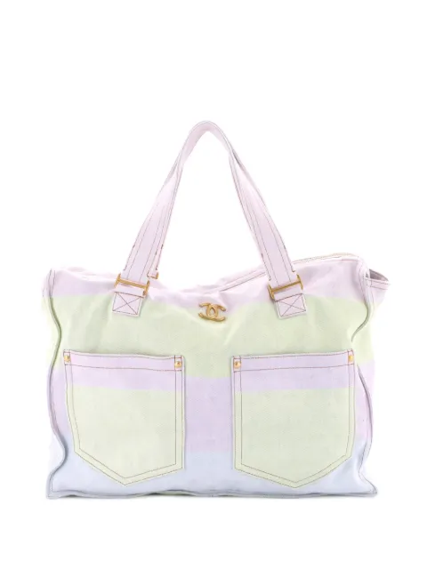 CHANEL Pre-Owned CC Double Pocket Striped Denim Large tote bag