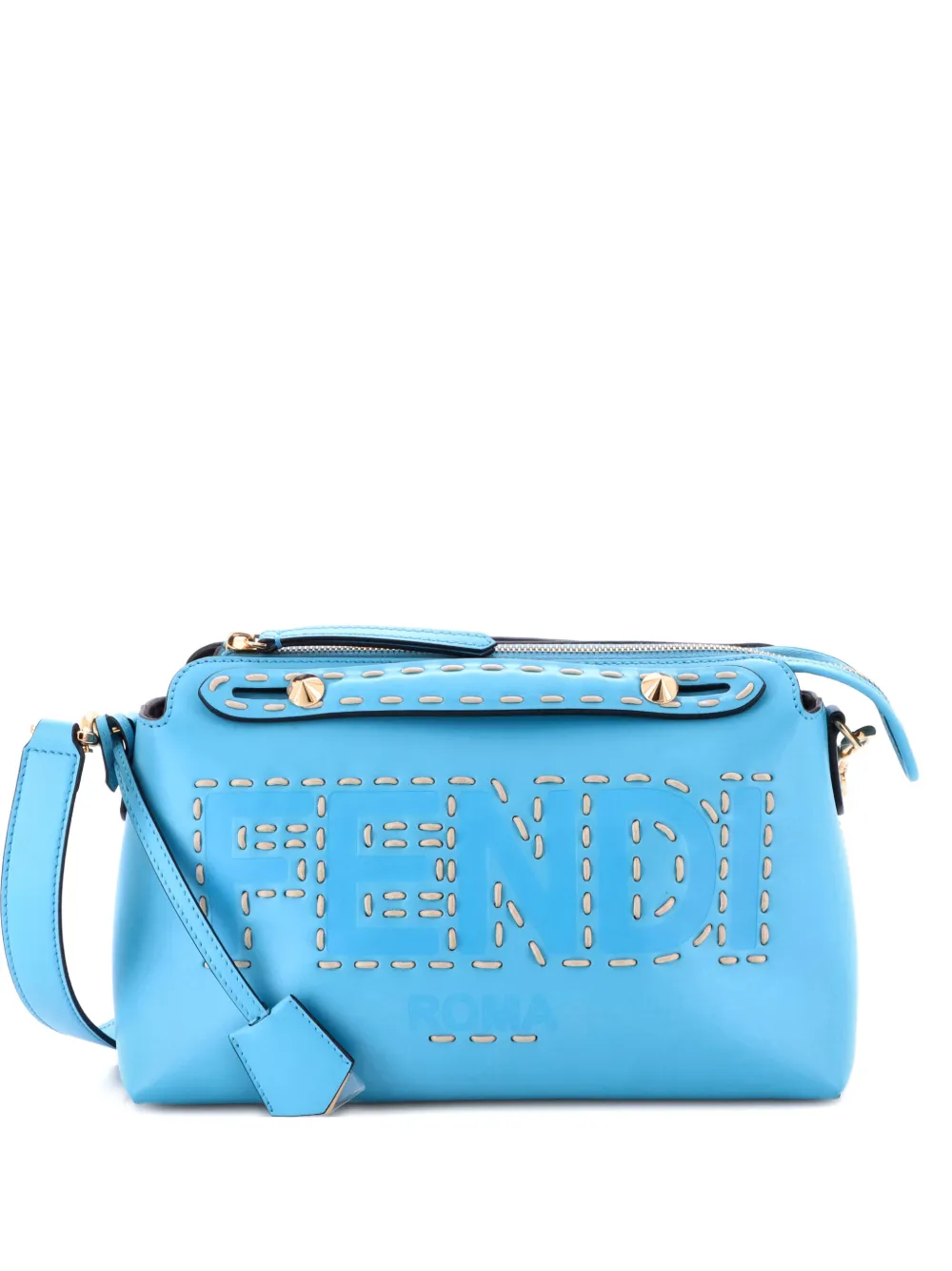 Pre-owned Fendi Logo By The Way Stitched Leather Medium Satchel In Blue