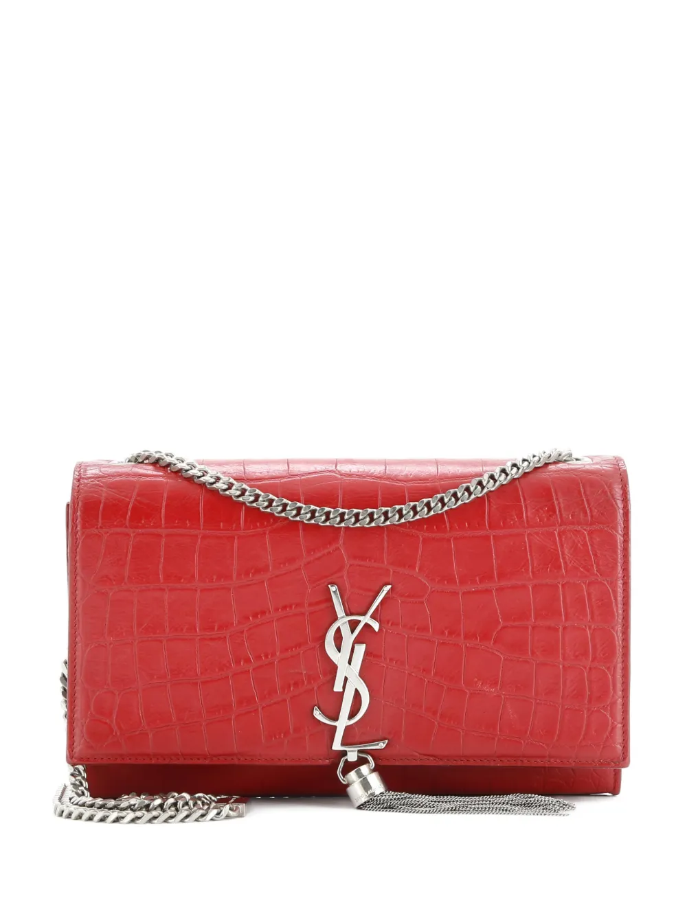 Pre-owned Saint Laurent Classic Monogram Tassel Crocodile Embossed Leather Medium Crossbody Bag In Red