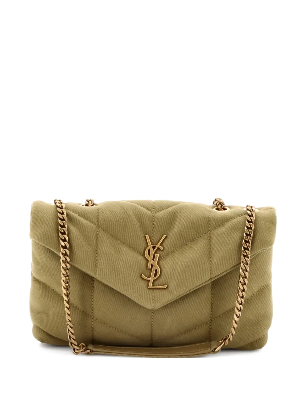 Pre-owned Saint Laurent Loulou Puffer Quilted Canvas Mini Shoulder Bag In Green