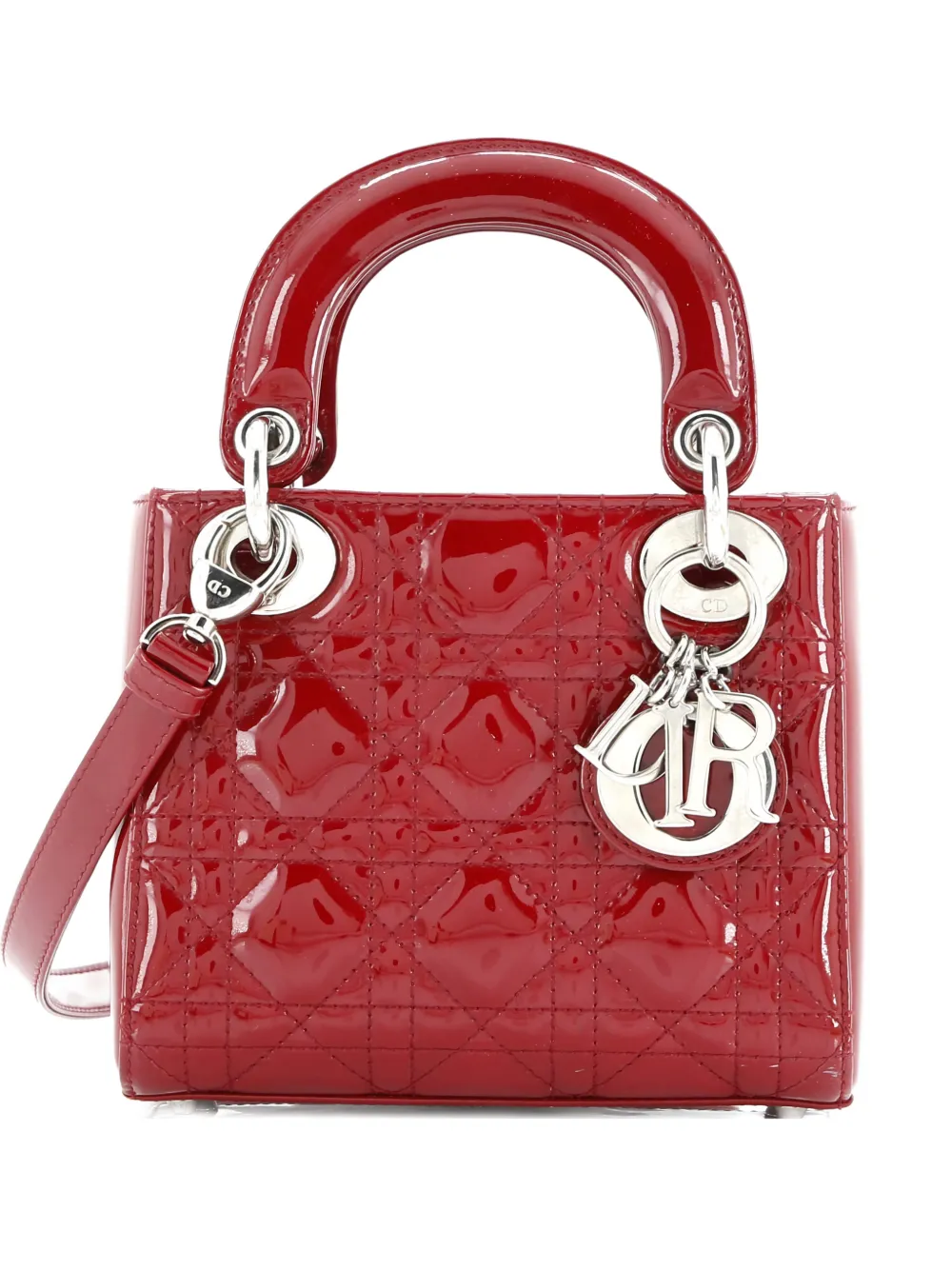 Pre-owned Dior Lady Bag Cannage Quilt Patent Mini Satchel In Red
