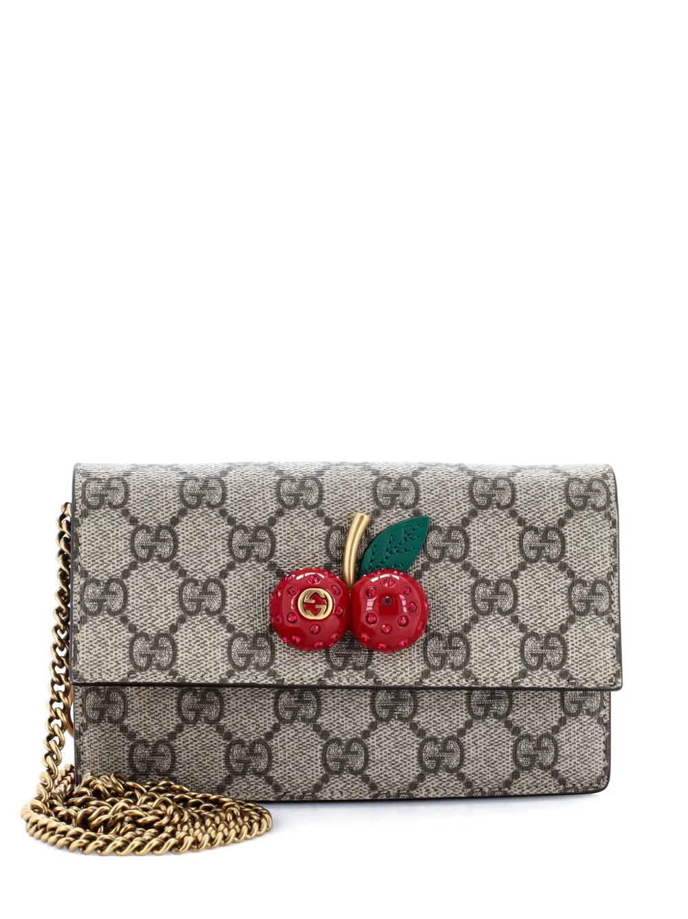 Pre-owned Gucci Cherries Wallet On Chain Gg Coated Canvas Mini Crossbody Bag In Brown