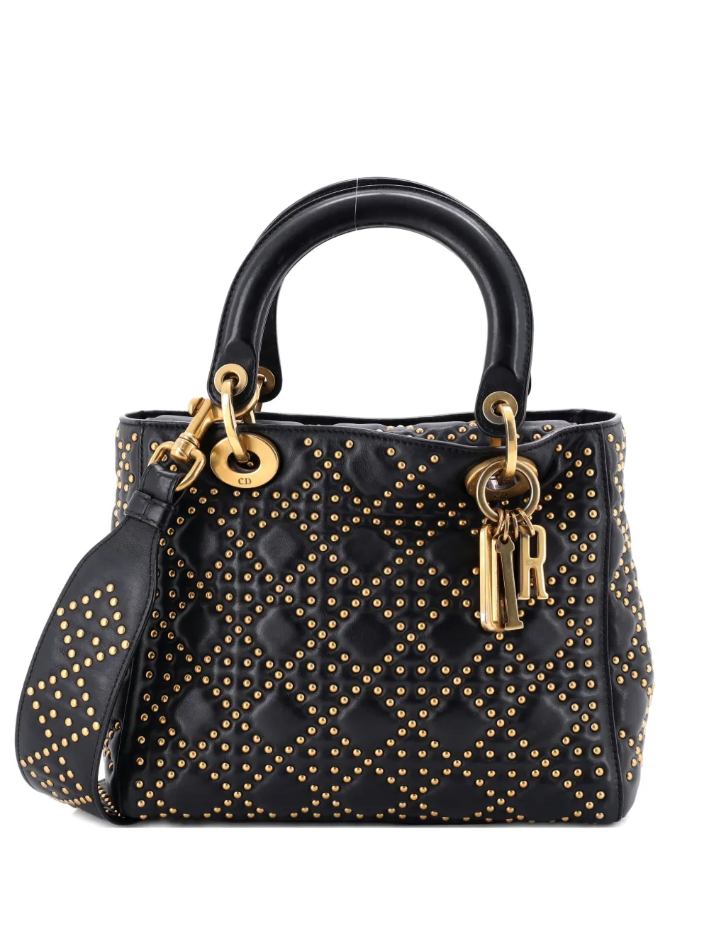 Pre-owned Dior Supple Lady  Bag Cannage Studded Lambskin Medium Satchel In Black