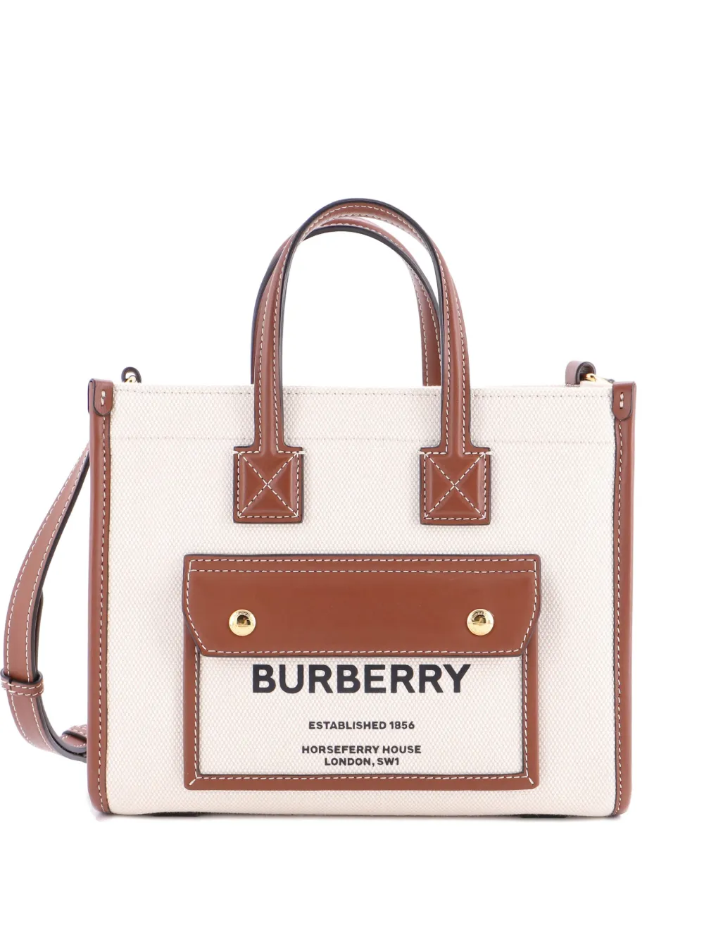 Pre-owned Burberry Freya Shopping Tote Canvas With Leather Mini Shoulder Bag In Neutral