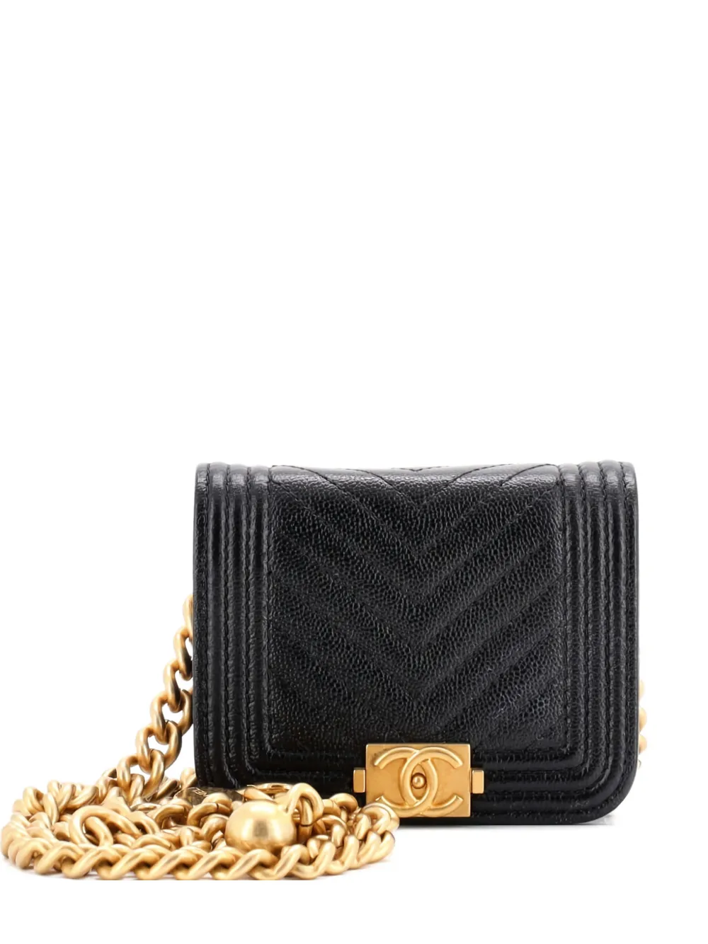 Pre-owned Chanel Boy Flap Chain Chevron Caviar Belt Bag In Black