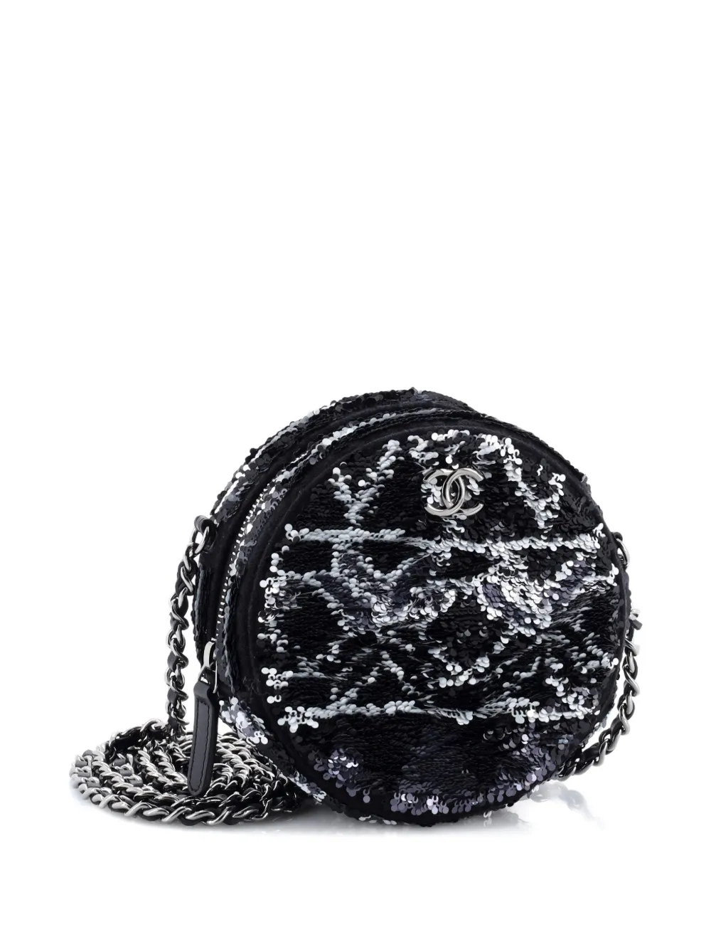 Pre-owned Chanel Round Clutch With Chain Sequins Mini Crossbody Bag In Black