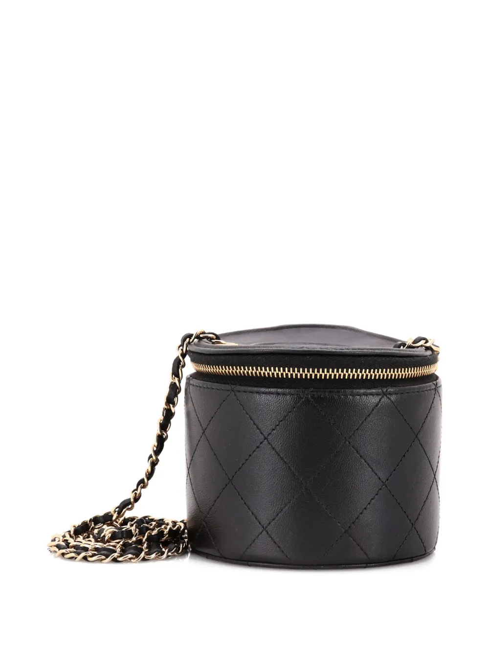 Pre-owned Chanel Cc Round Vanity Case With Chain Quilted Lambskin Mini Clutch Bag In Black