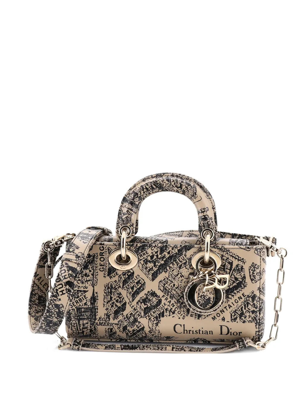 Pre-owned Dior Lady D-joy Bag Printed Leather Small Satchel In Black