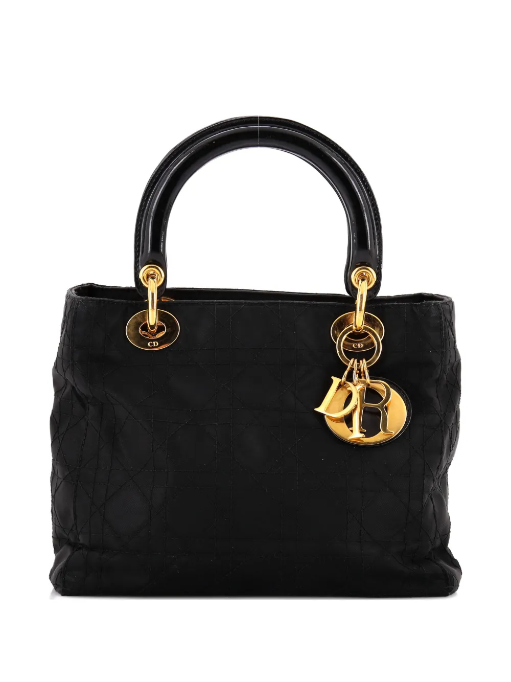 Pre-owned Dior Vintage Lady  Bag Cannage Quilt Nylon Medium Satchel In Black