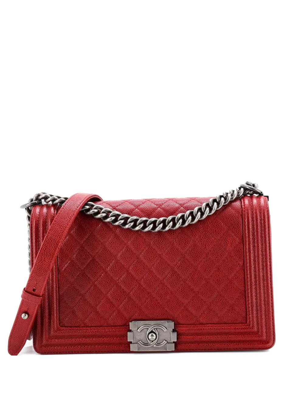 Pre-owned Chanel Boy Flap Bag Quilted Caviar New Medium Crossbody Bag In Red