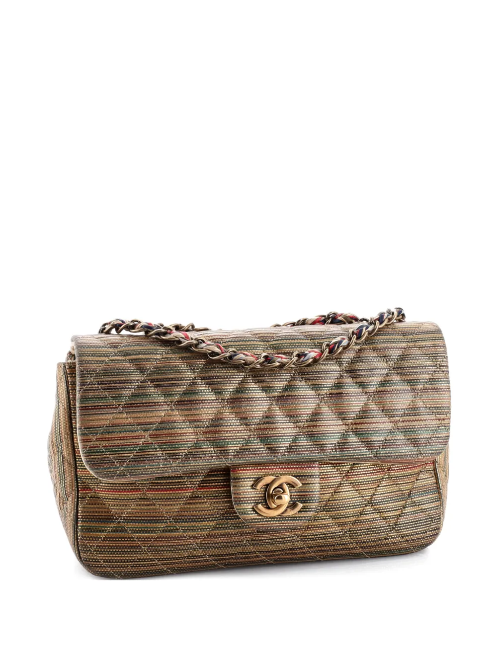 CHANEL Pre-Owned Multicolor Stripe Flap Bag Raffia Effect Braided Chain Small shoulder bag - Oro