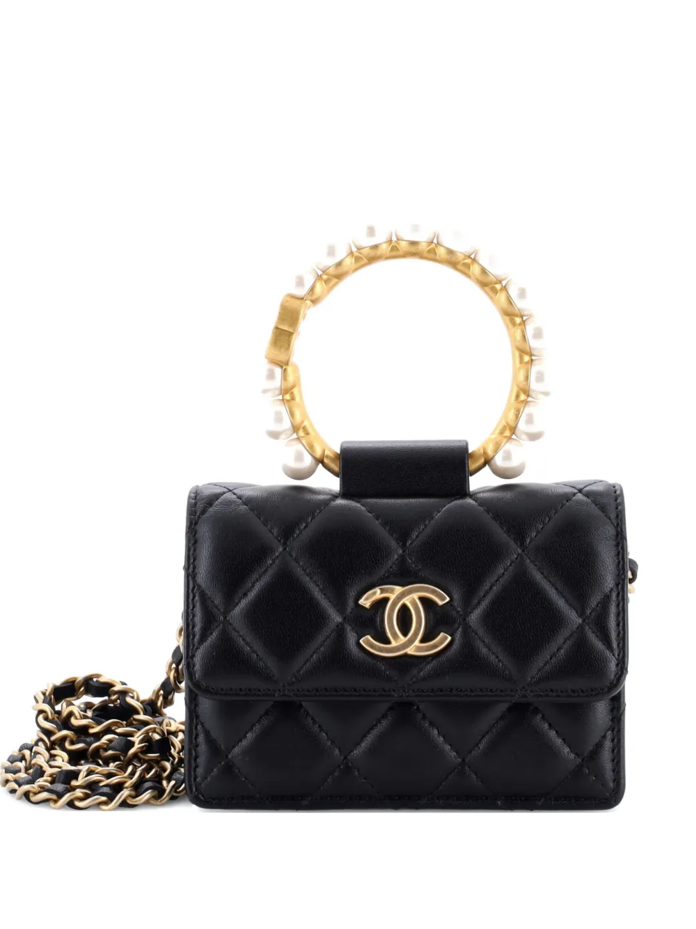 Pre-owned Chanel Pearl Crown With Chain Quilted Lambskin Clutch Bag In Black