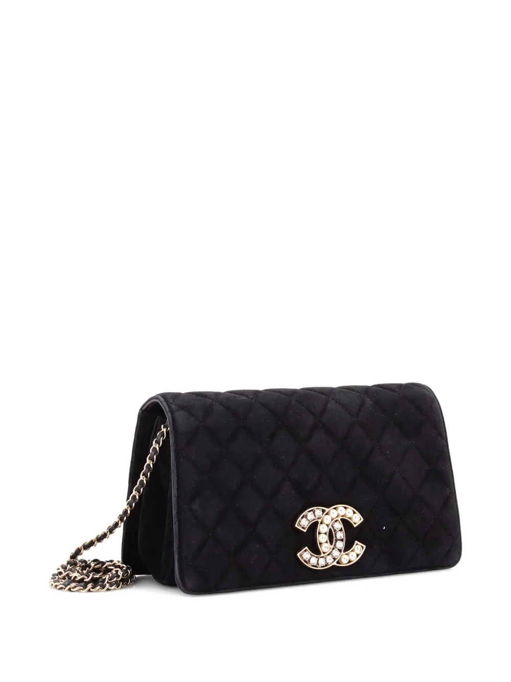 Pre-owned Chanel Cc Chain Full Flap Bag Quilted Suede With Faux Pearls And Crystals Shoulder Bag In Black