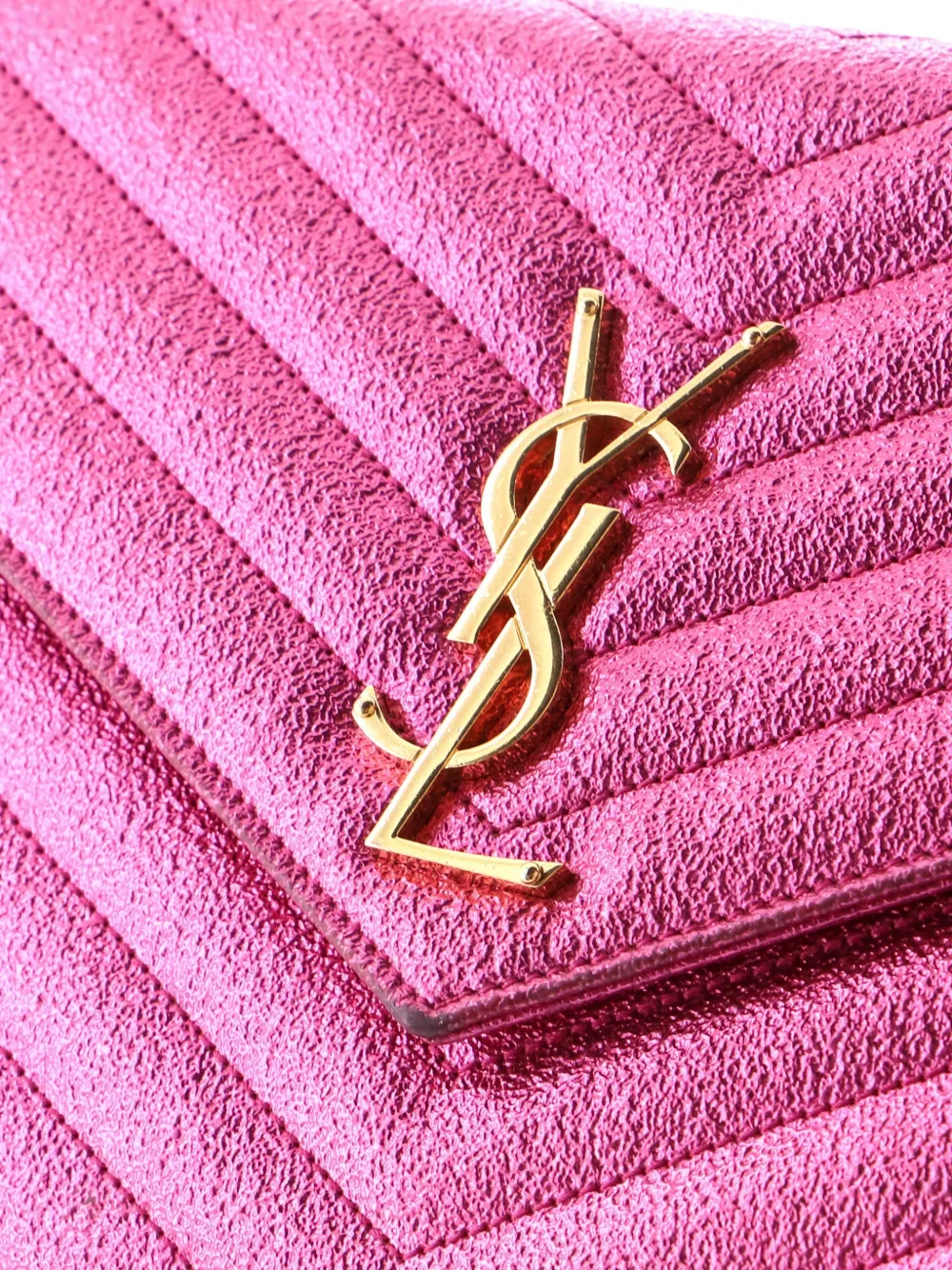 Pre-owned Saint Laurent Classic Monogram Wallet On Chain Matelasse Chevron Metallic Leather Medium Crossbody Bag In Pink