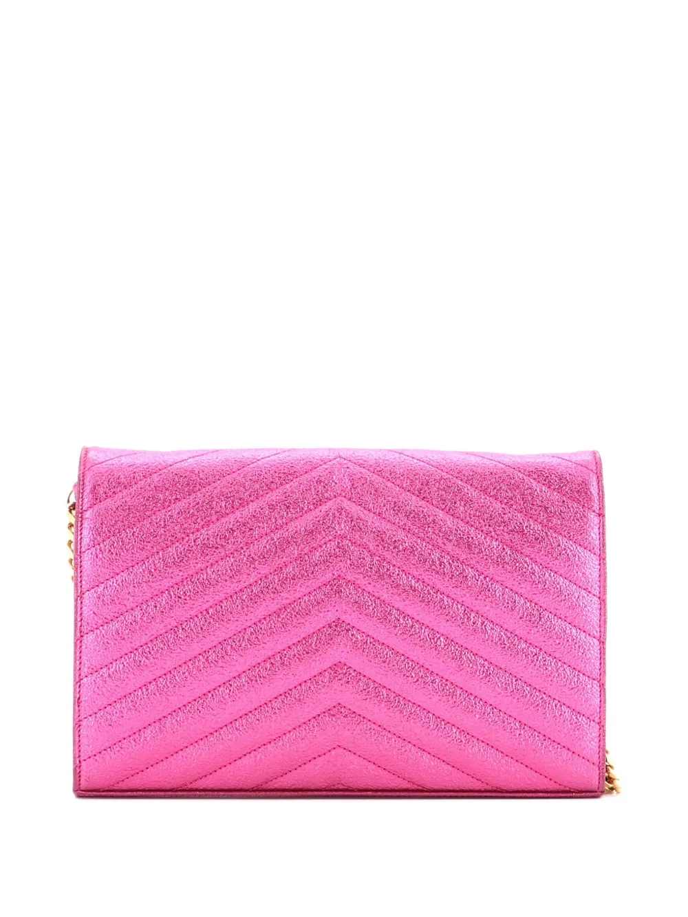 Pre-owned Saint Laurent Classic Monogram Wallet On Chain Matelasse Chevron Metallic Leather Medium Crossbody Bag In Pink