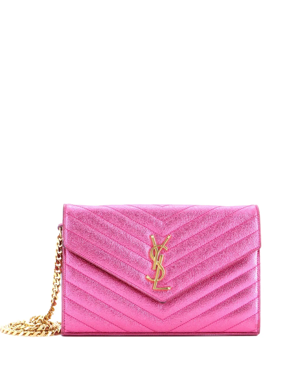 Saint Laurent Pre-Owned Classic Monogram Wallet on Chain Matelasse Chevron Metallic Leather Medium crossbody bag - Rosa