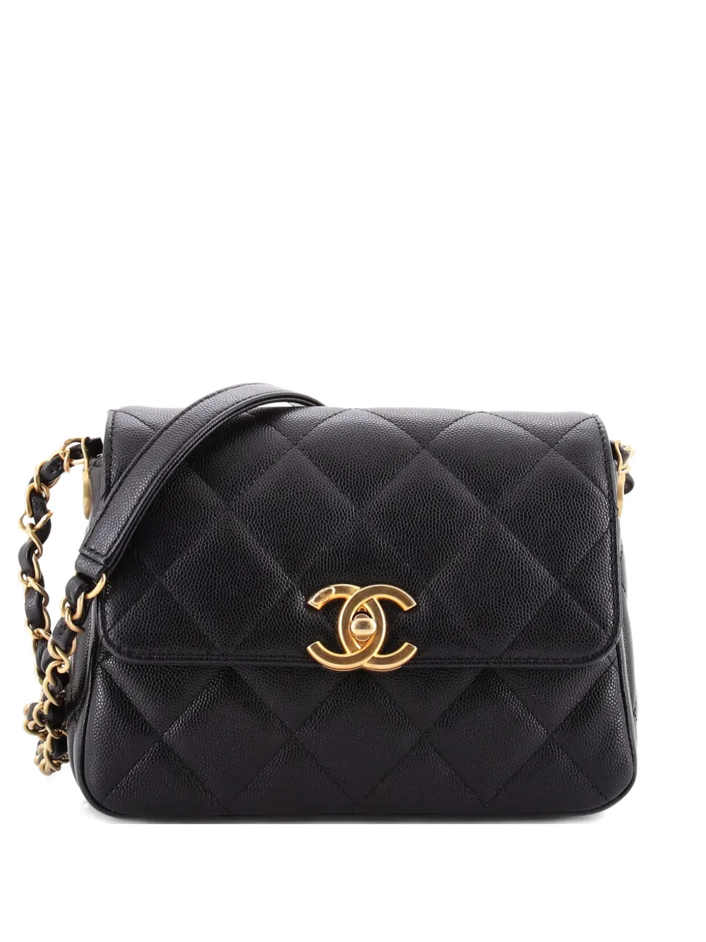 Pre-owned Chanel Cc Turnlock Chain Flap Bag Quilted Caviar Small Shoulder Bag In Black