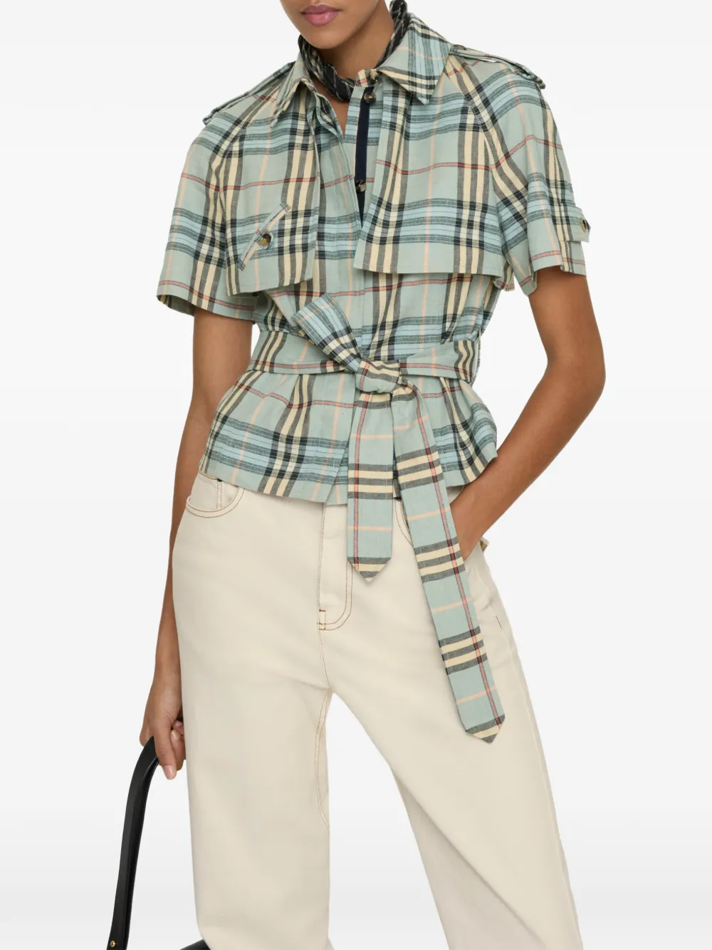 Burberry checked belted trench shirt - Blauw