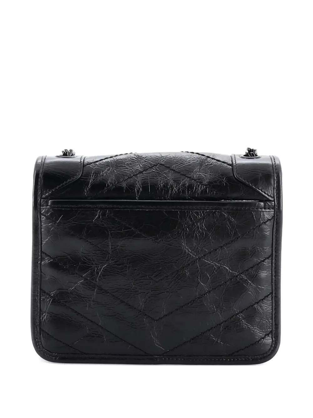 Pre-owned Saint Laurent Niki Chain Wallet Matelasse Chevron Leather Crossbody Bag In Black