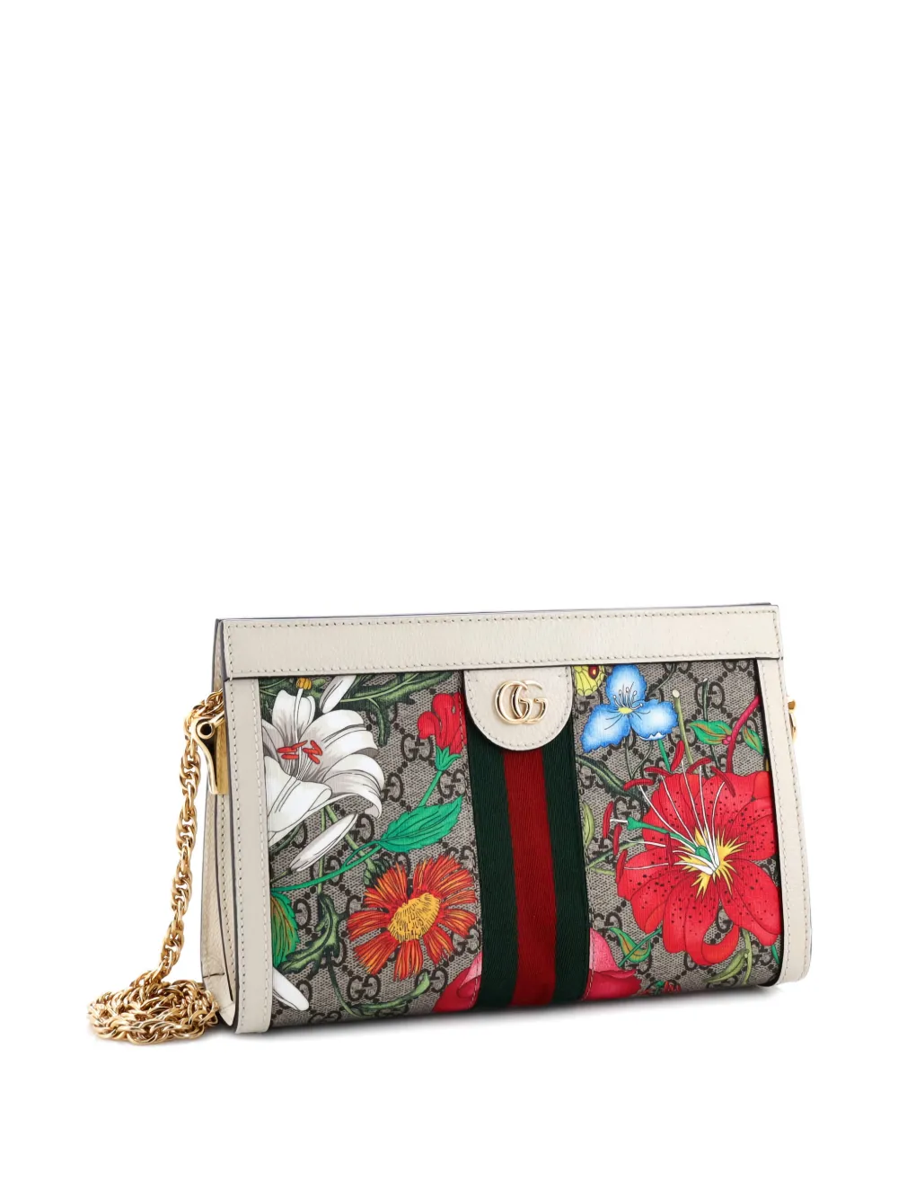 Pre-owned Gucci Ophidia Chain Shoulder Bag Flora Gg Coated Canvas Small Crossbody Bag In Brown