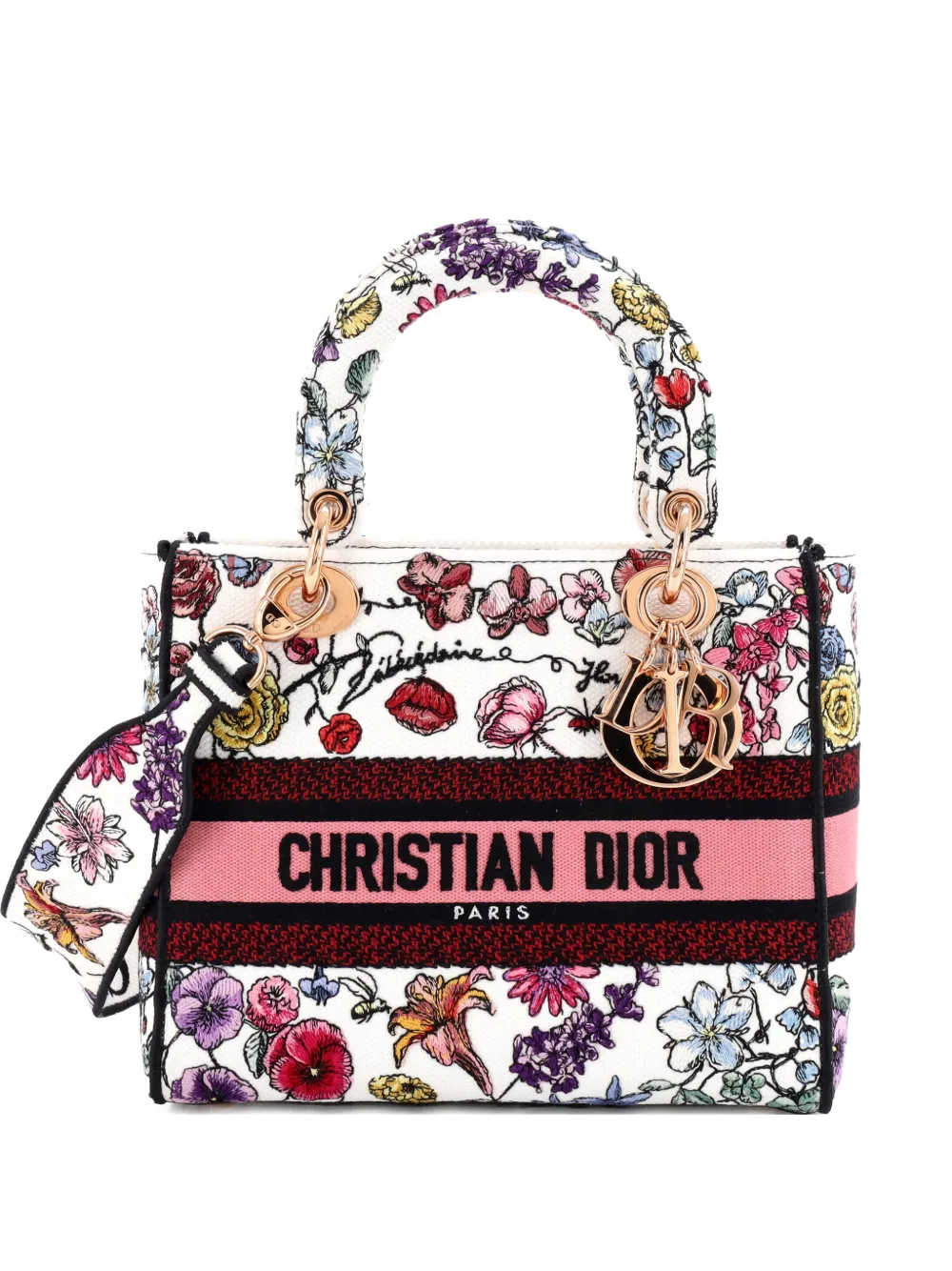 Pre-owned Dior Lady D-lite Bag Embroidered Canvas Medium Satchel In Multi