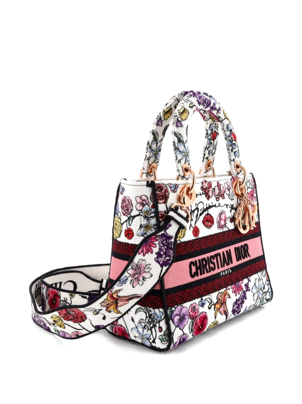 Pre-owned Dior Lady D-lite Bag Embroidered Canvas Medium Satchel In Multi