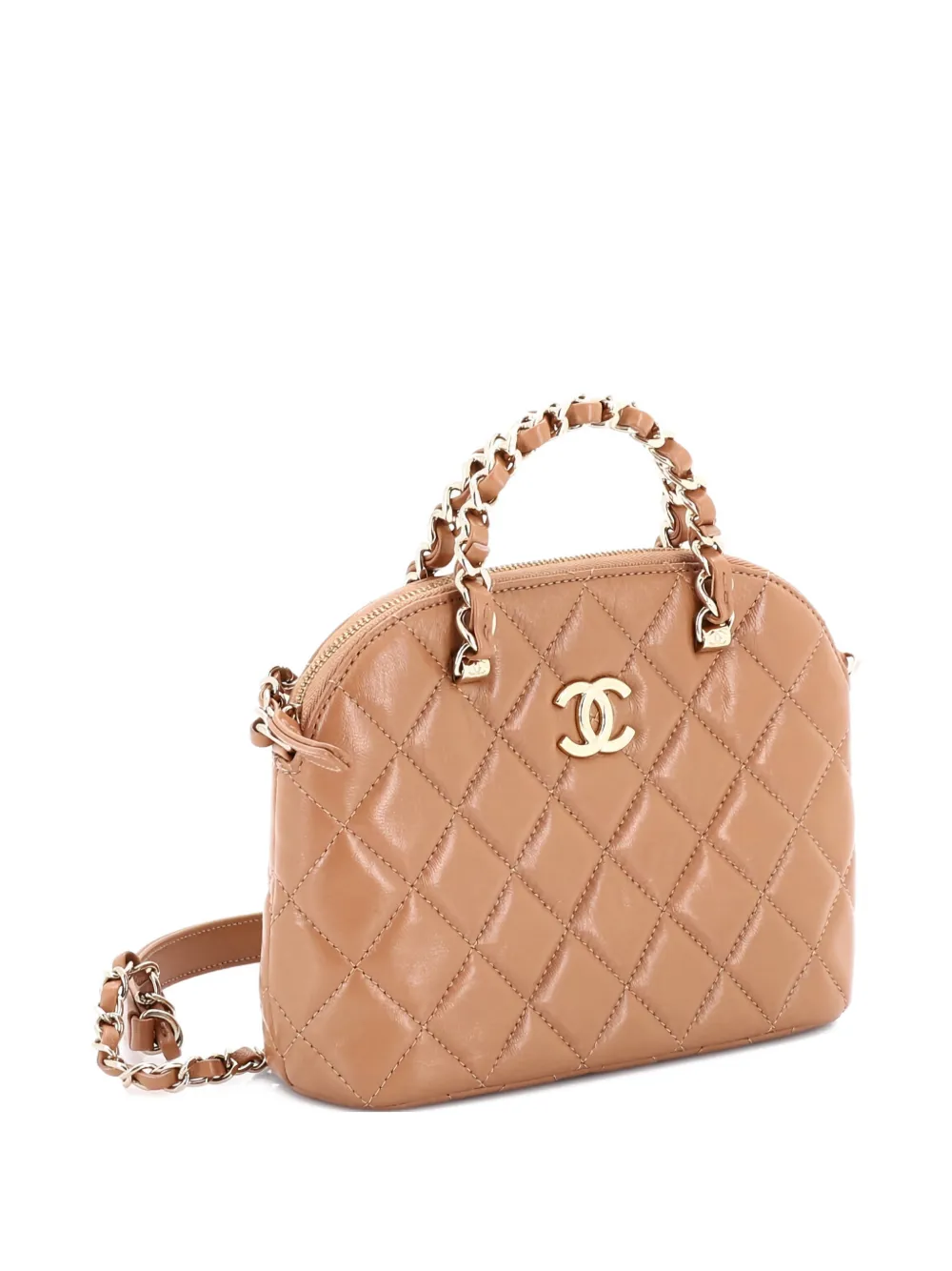 Pre-owned Chanel Cc Dome Zip Clutch With Chain Quilted Shiny Lambskin Mini Crossbody Bag In Neutral
