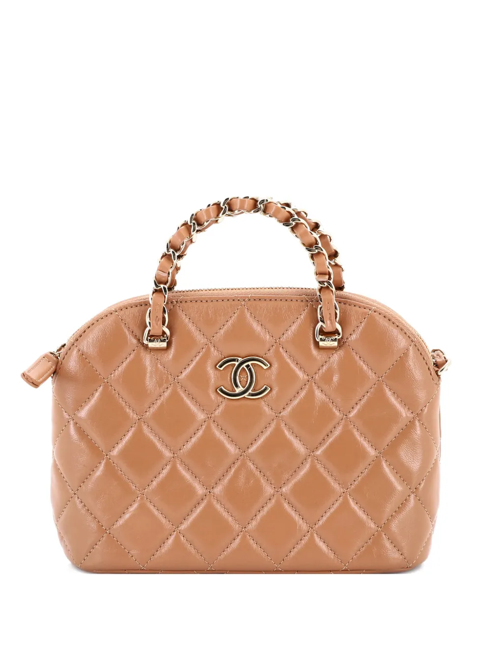 Pre-owned Chanel Cc Dome Zip Clutch With Chain Quilted Shiny Lambskin Mini Crossbody Bag In Neutral