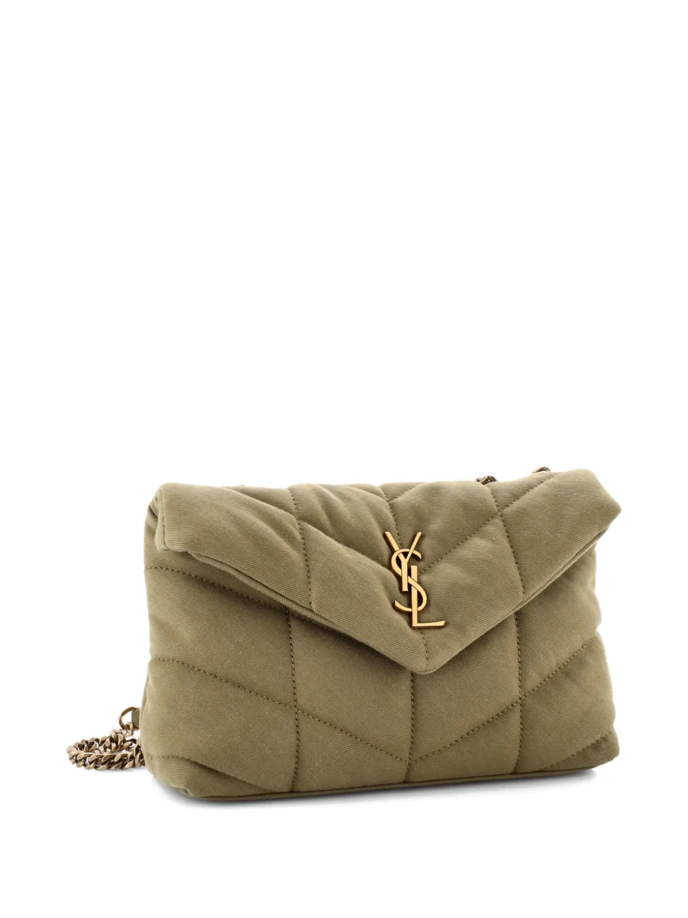 Pre-owned Saint Laurent Loulou Puffer Quilted Canvas Mini Shoulder Bag In Green