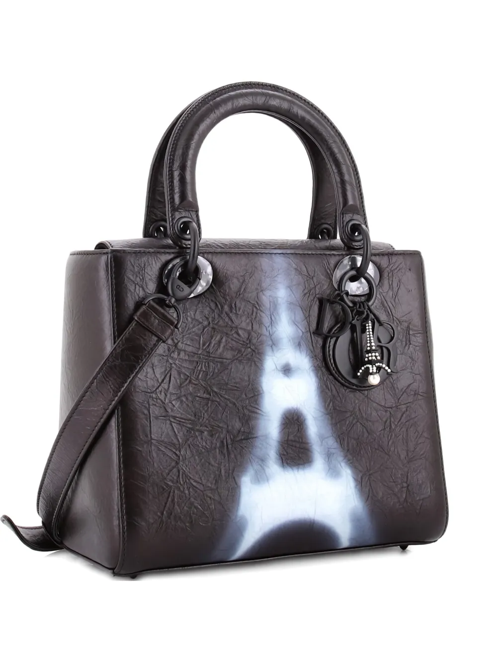  Christian Dior Pre-owned Lady Dior Bag Limited Edition Eiffel Tower Printed Leather Medium Satchel - Noir 