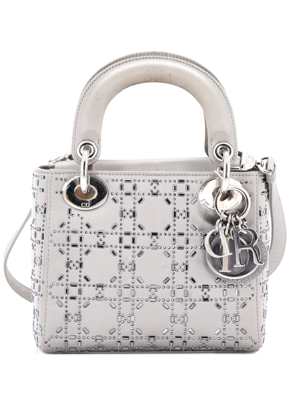 Pre-owned Dior Lady  Bag Crystal Embellished Cannage Quilt Satin Mini Satchel In Gray