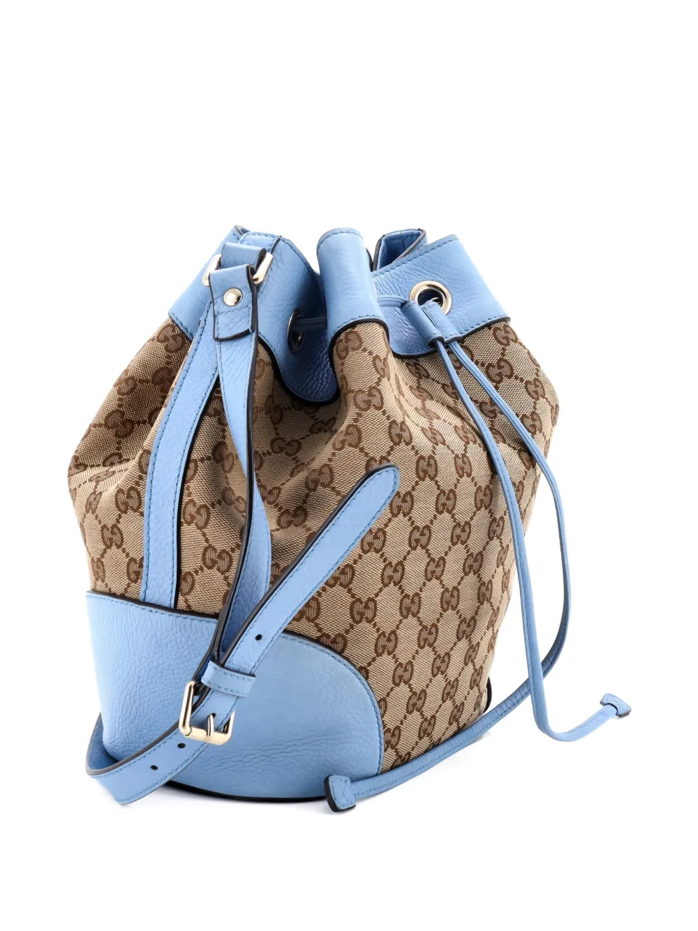 Pre-owned Gucci Classic Gg Canvas With Leather Medium Bucket Bag In Blue