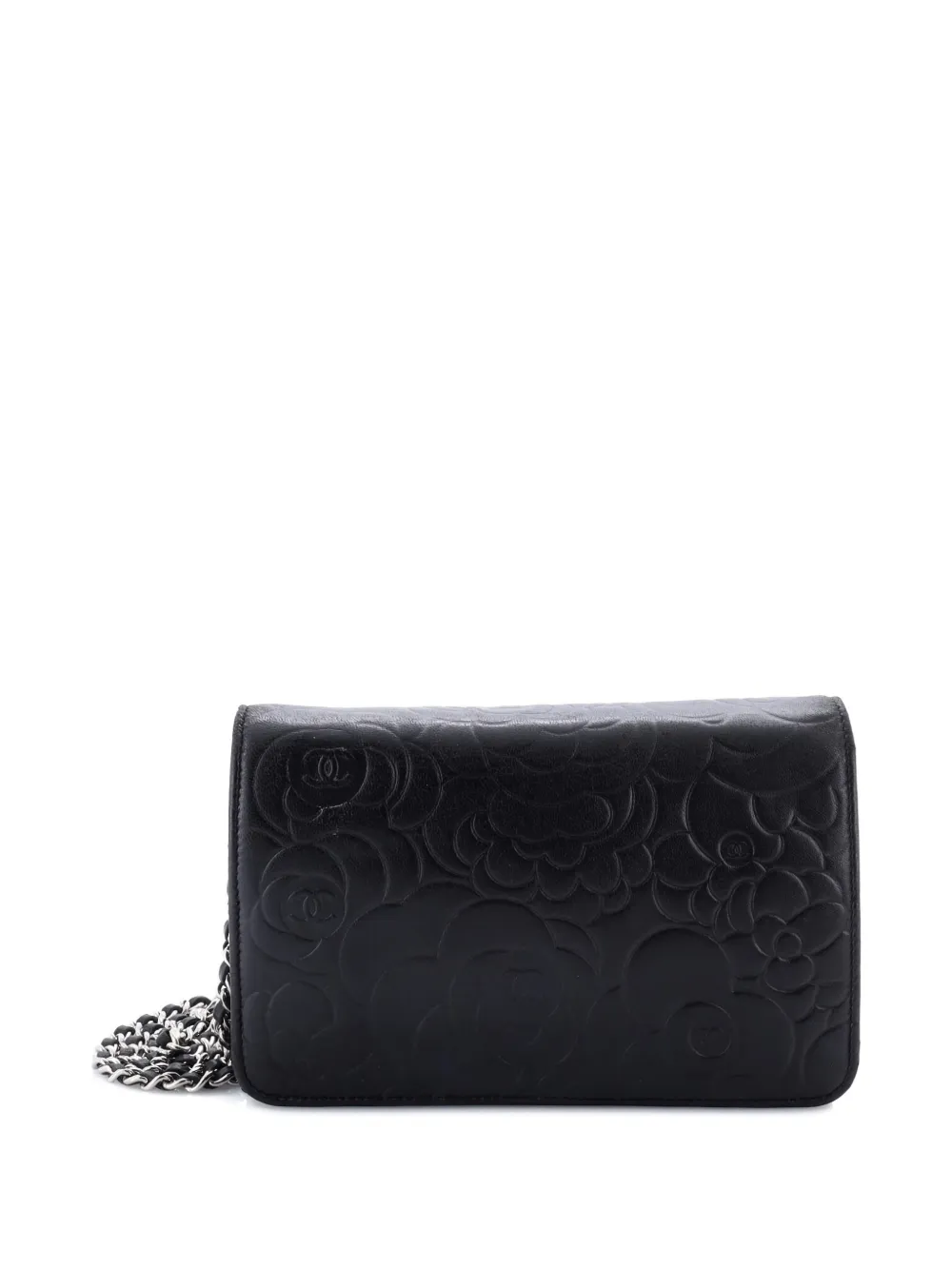 Pre-owned Chanel Wallet On Chain Camellia Lambskin Crossbody Bag In Black