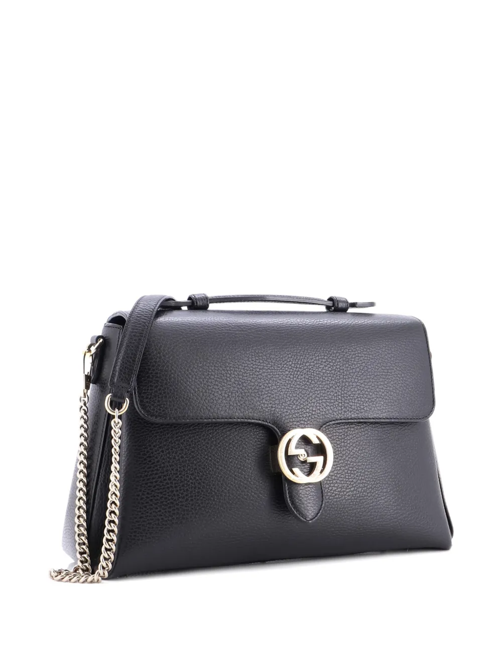 Pre-owned Gucci Interlocking Top Handle Bag Leather Medium Shoulder Bag In Black