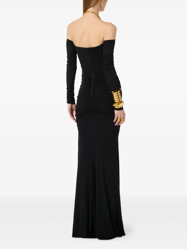 off shoulder black dress long sleeves ruched Black Off Shoulder Ruched Long Sleeve Midi Dress PinkBlush