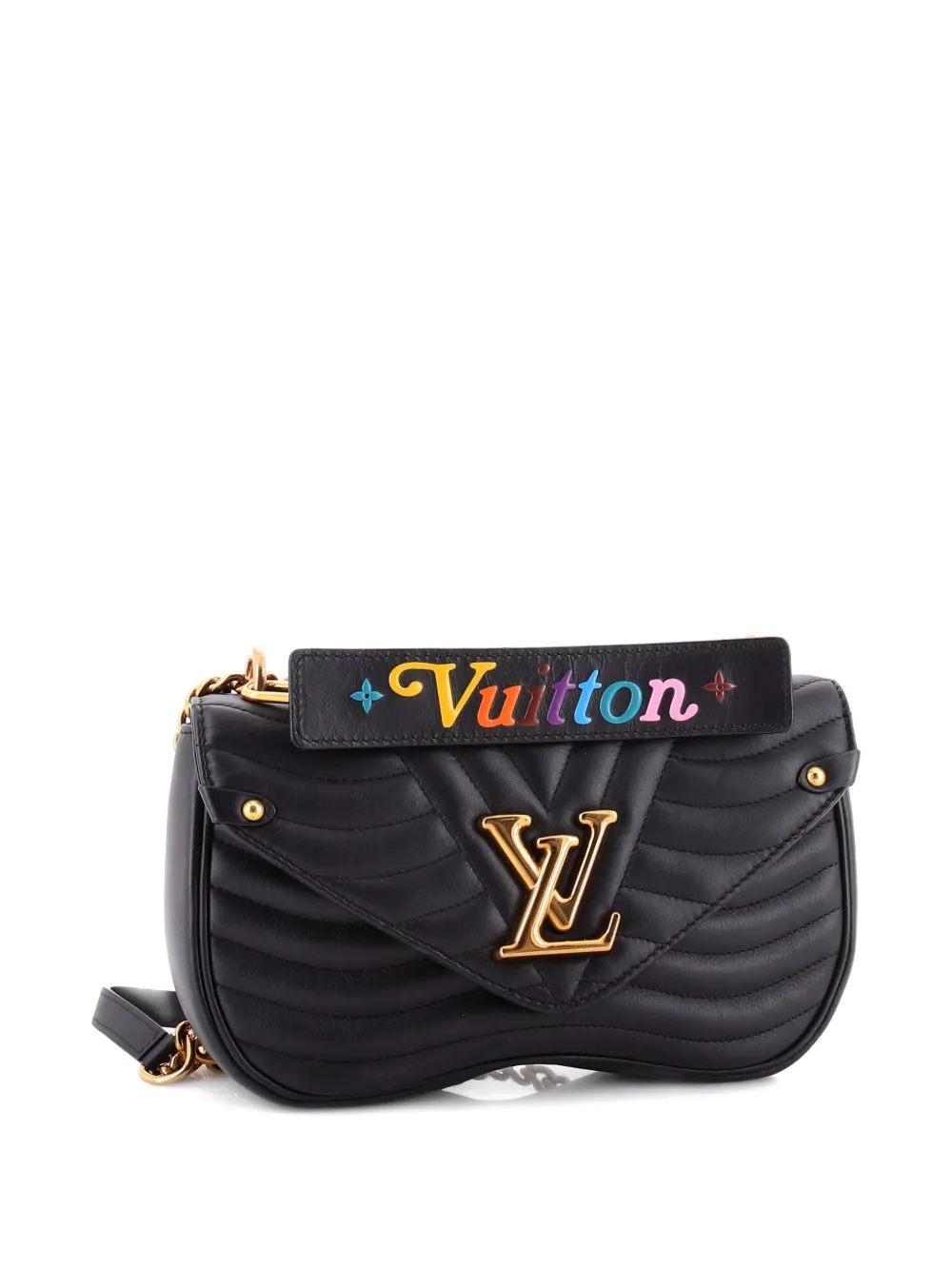 Pre-owned Louis Vuitton New Wave Chain Bag Quilted Leather Mm Crossbody Bag In Black