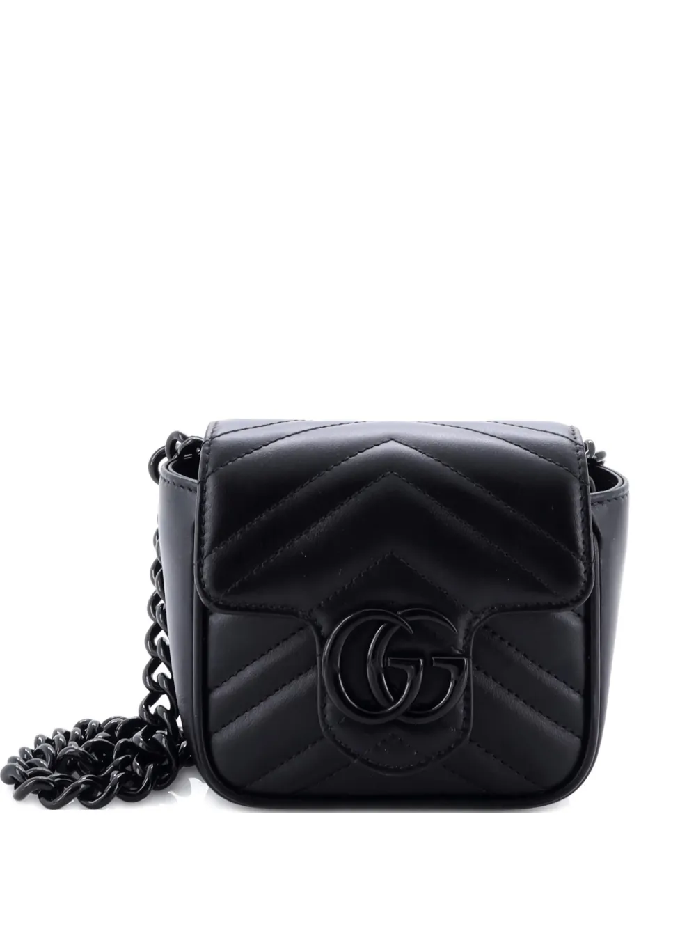 Pre-owned Gucci Gg Marmont Flap Matelasse Leather Mini Belt Bag In Black