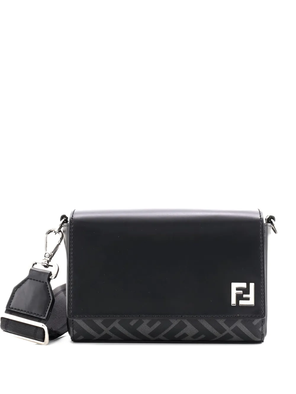 Pre-owned Fendi Ff Squared Compact Bag Zucca Coated Canvas And Leather Shoulder Bag In Black