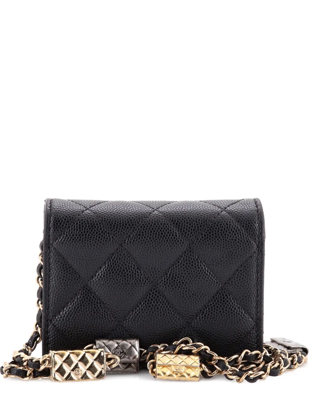 Pre-owned Chanel Flap Card Holder On Chain With Charms Quilted Caviar Mini Crossbody Bag In Black