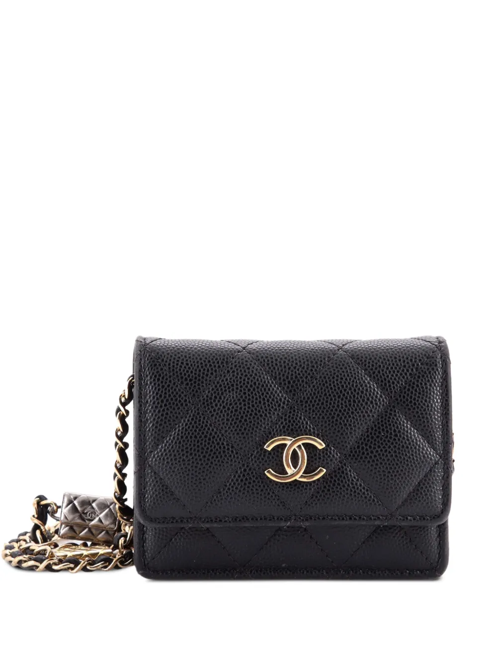 CHANEL Pre-Owned Flap Card Holder on Chain with Charms Quilted Caviar Mini crossbody bag - Nero